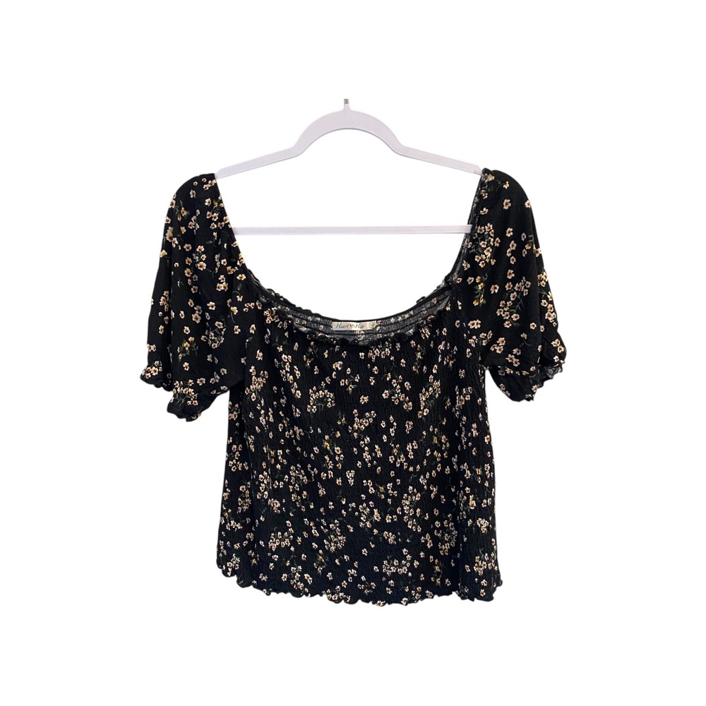 Heart Hips Floral Print Smocked Top Black White Yellow Bohemian Blouse Large